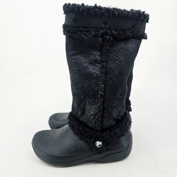 Crocs Nadia Pull On Winter Boot Black Rubber Faux Fur Fleece Comfy Cozy Womens 8 - Picture 2 of 9